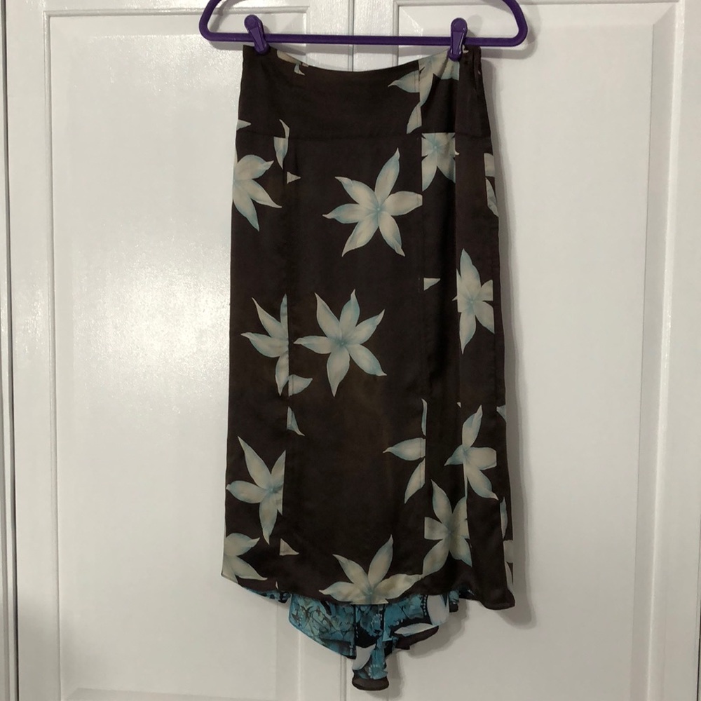 Anne Klein Dark Brown Silk Flowy Skirt w/Lillies